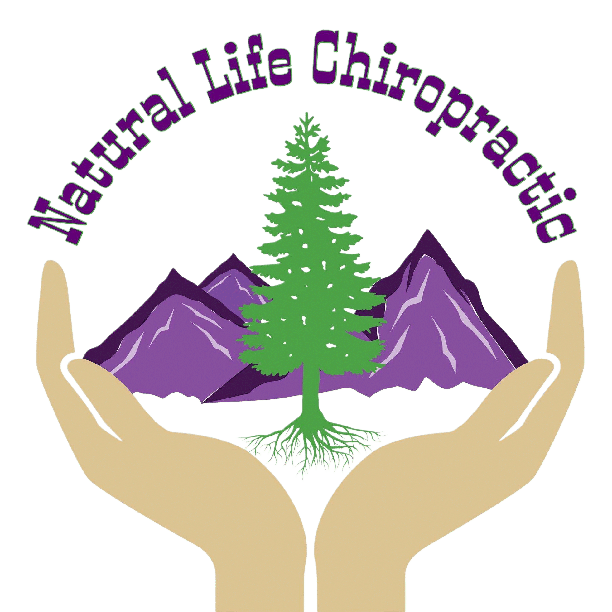 The logo for Natural Life Chiropractic, with the name of the business at the top and two hands cupping purple mountains and a green tree below.